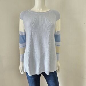 Mersea Camden Blue Stripe Sleeve Button Back Ribbed Knit Sweater One Size OS